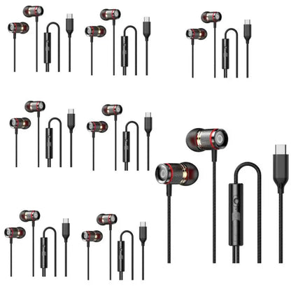 Black and red metal finished surround stereo wired earbuds with usb-c cable compatible with iphone15 samsung and 5mm aux type-c