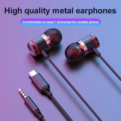 Black and red metallic surround stereo wired in-ear headphones with textured mesh housing compatible with iphone15 samsung 5mm aux type-c