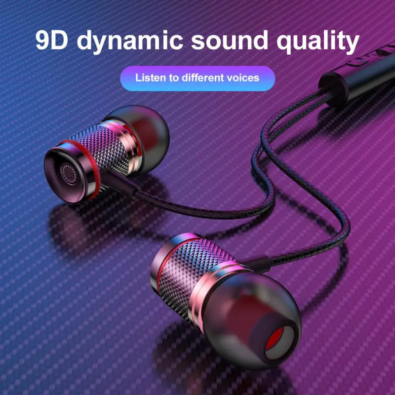 In-ear headphones with metallic textured body and red purple accents featuring 7.1 surround stereo wired 5mm aux type-c compatibility for iphone15 samsung