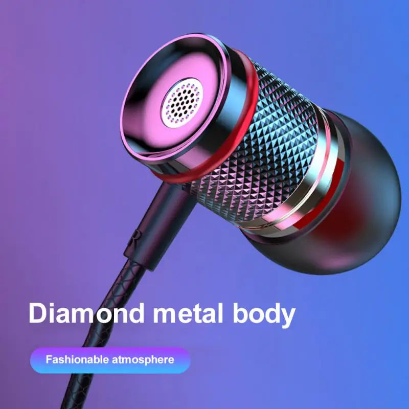 In-ear headphones with diamond metal body and pink red rings for surround stereo wired use with iphone15 samsung 5mm aux type-c