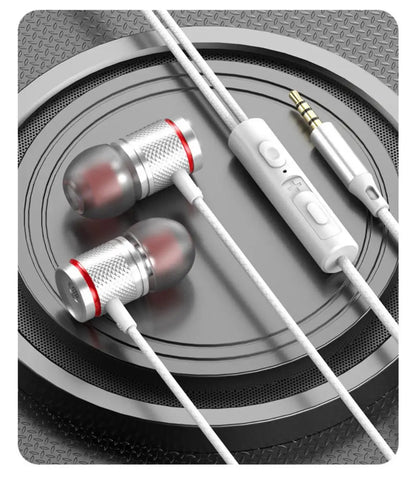 Silver and red metallic finish surround stereo wired earphones with white inline control compatible with iphone15 samsung 5mm aux type-c