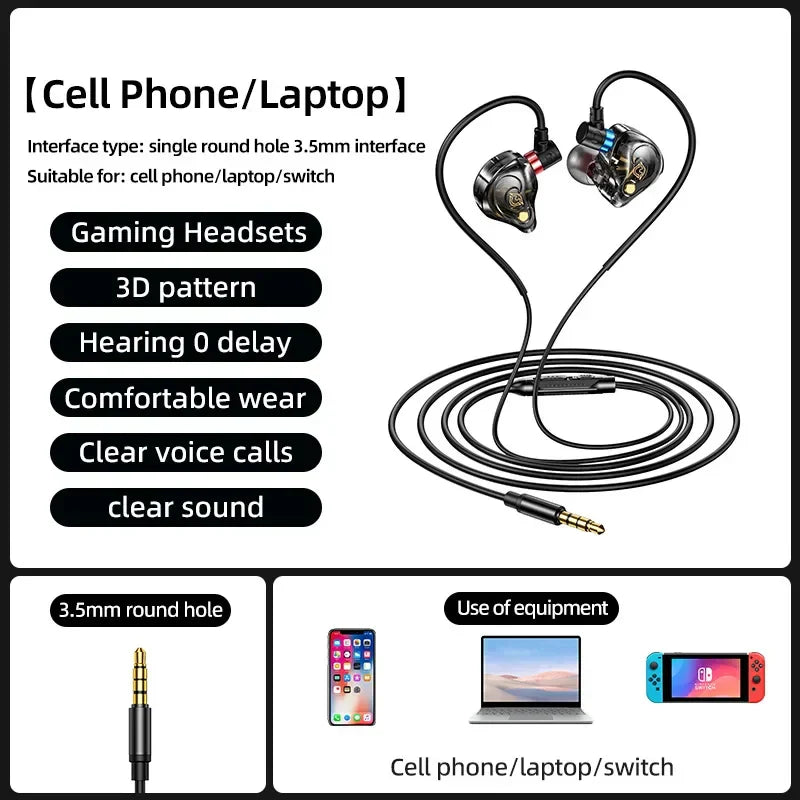 Black in-ear surround sound gaming earbuds headphones with 3.5mm wired cable and metallic accents for sports use