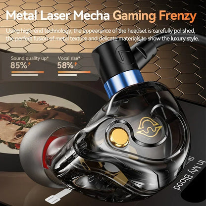 Black and blue metallic surround sound gaming earbuds headphones sports with transparent housing and gold accent details