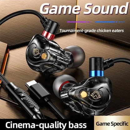Black glossy earbuds headphones sports with gold accents and 8d surround sound gaming in ear type c and 3.5mm wired