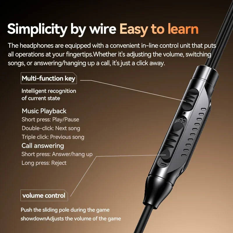 Black in-line control unit with tactile buttons and sliding volume pole for 5mm wired surround sound gaming earbuds headphones sports
