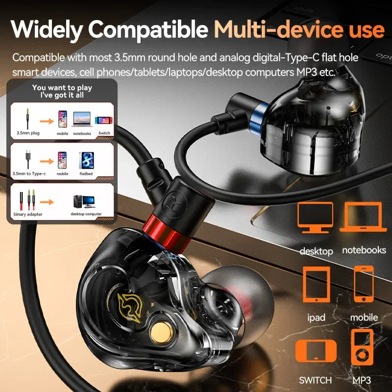 Black and red transparent 8d surround sound gaming earbuds headphones sports with 5mm wired design and hd mic