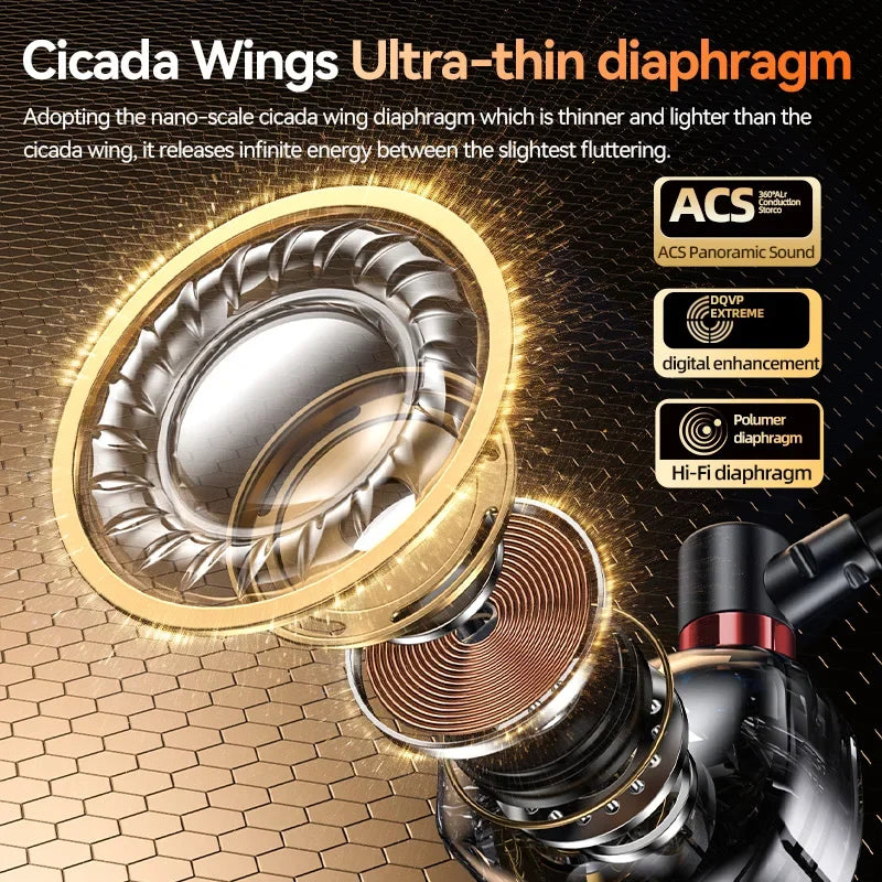 Gold and black ultra-thin diaphragm earbuds headphones sports with nano metallic cicada wings for surround sound gaming 5mm wired