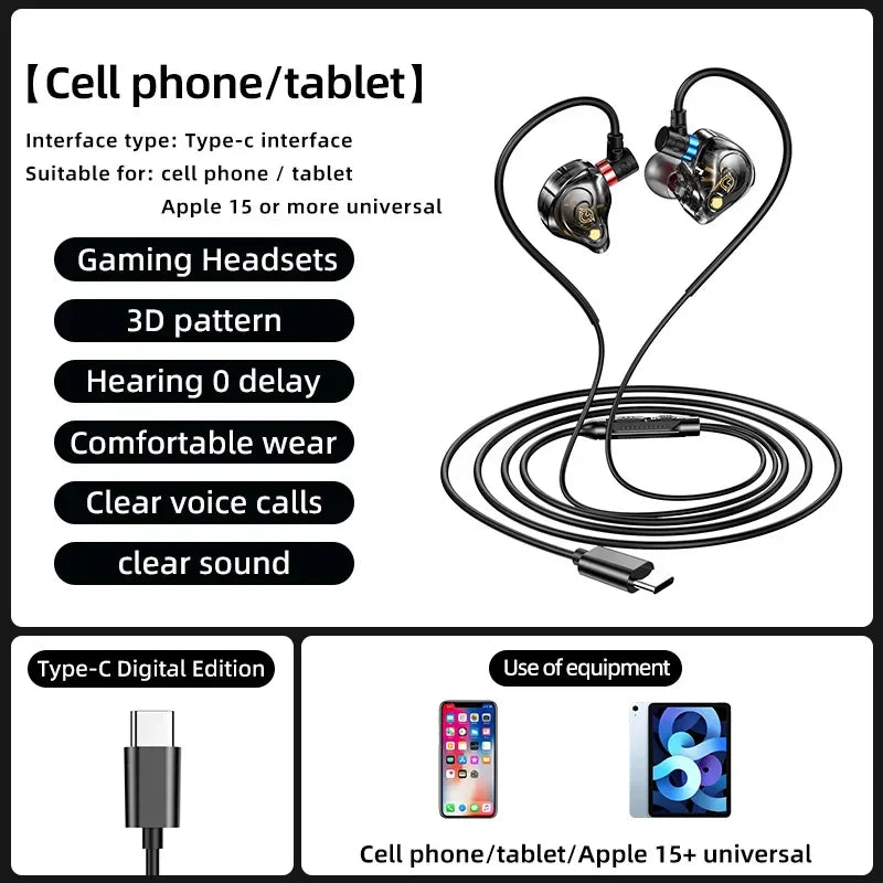 Black in-ear earbuds headphones sports with type c cable metallic accents and 8d surround sound gaming for samsung