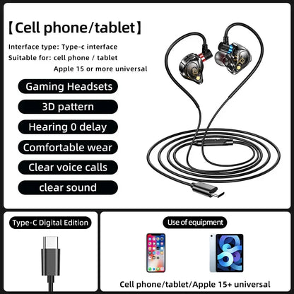 Black in-ear earbuds headphones sports with type c cable metallic accents and 8d surround sound gaming for samsung