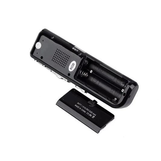 Black 8gb voice activated portable digital voice recorder mp3 player telephone with removable battery compartment and two aa batteries