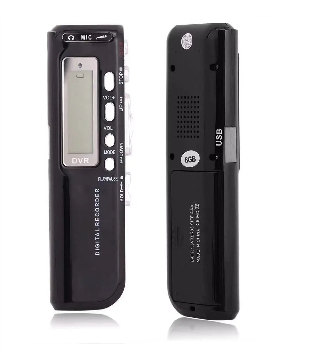 Black digital voice activated portable recorder with silver accents 8gb mp3 player telephone audio recording device