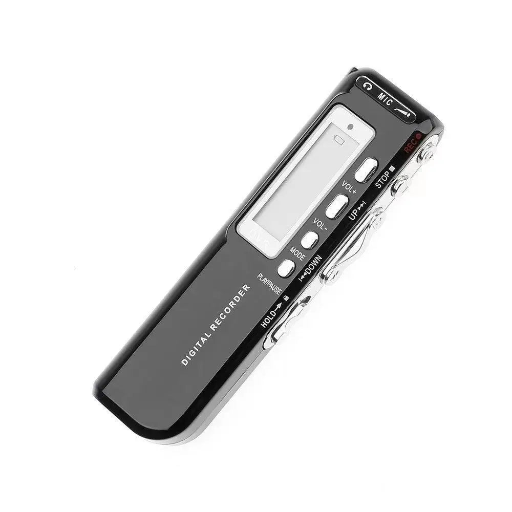 Black digital voice activated portable recorder with silver accents and lcd screen 8gb voice activated mp3 player telephone