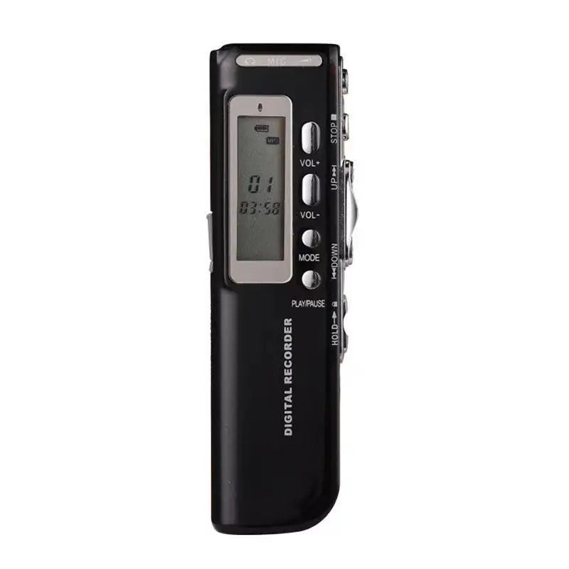 Black 8gb voice activated portable digital voice recorder with silver lcd screen and side control buttons for mp3 player telephone use