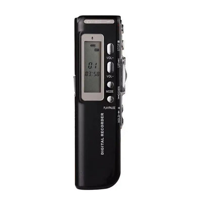 Black 8gb voice activated portable digital voice recorder with silver lcd screen and side control buttons for mp3 player telephone use