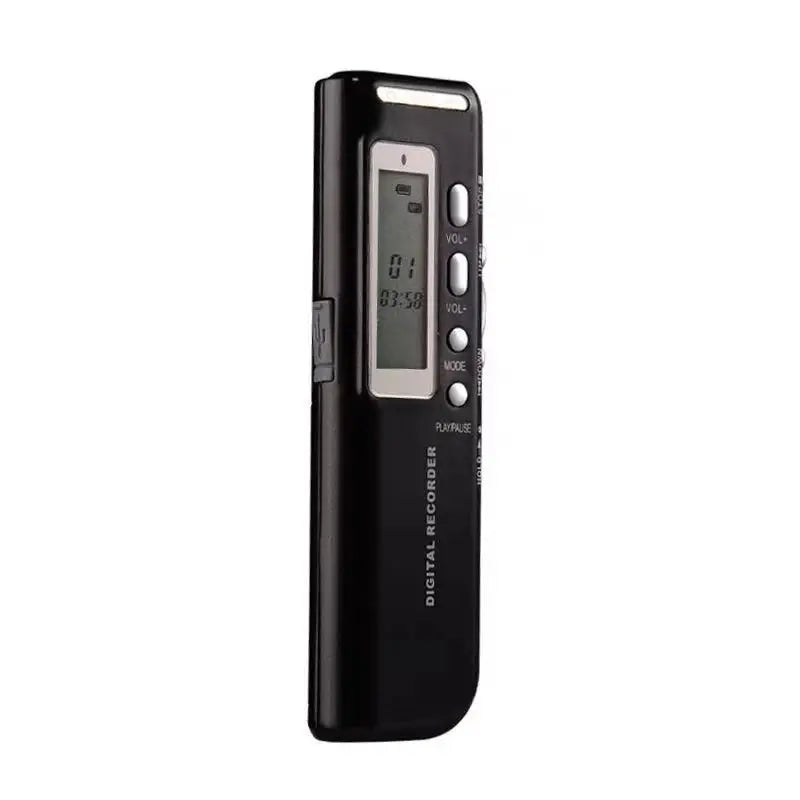 Black 8gb voice activated portable digital voice recorder with silver framed lcd screen and control buttons for mp3 player telephone use