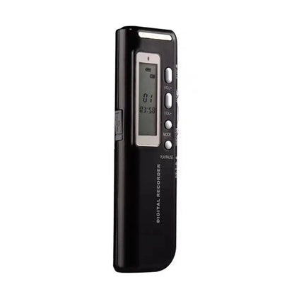 Black 8gb voice activated portable digital voice recorder with silver framed lcd screen and control buttons for mp3 player telephone use