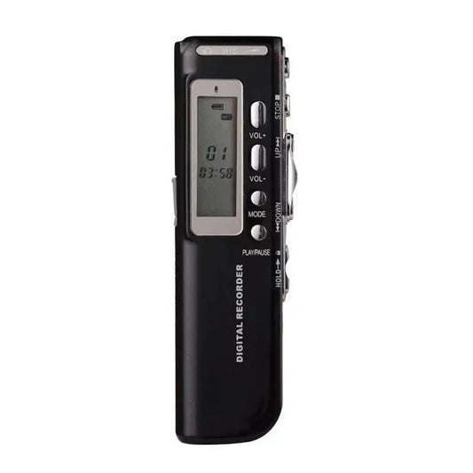 Black digital voice activated portable recorder with silver-framed lcd screen and side control buttons 8gb mp3 player telephone