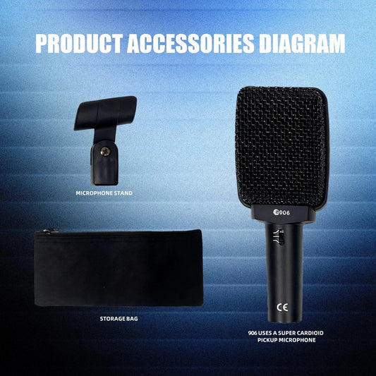 Black 906 super cardioid instrument recording microphone with mesh grille for performance live streaming and studio room use