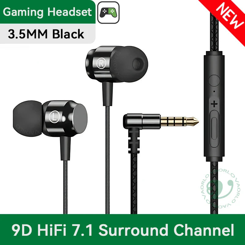 Black heavy bass gaming headset with sleek metallic finish, digital chip magnetic inline controls, and 3.5mm jack