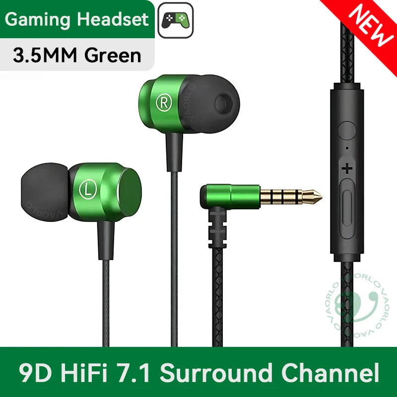 Green and black heavy bass gaming earphones with metallic casings digital chip magnetic music earbuds with inline controls