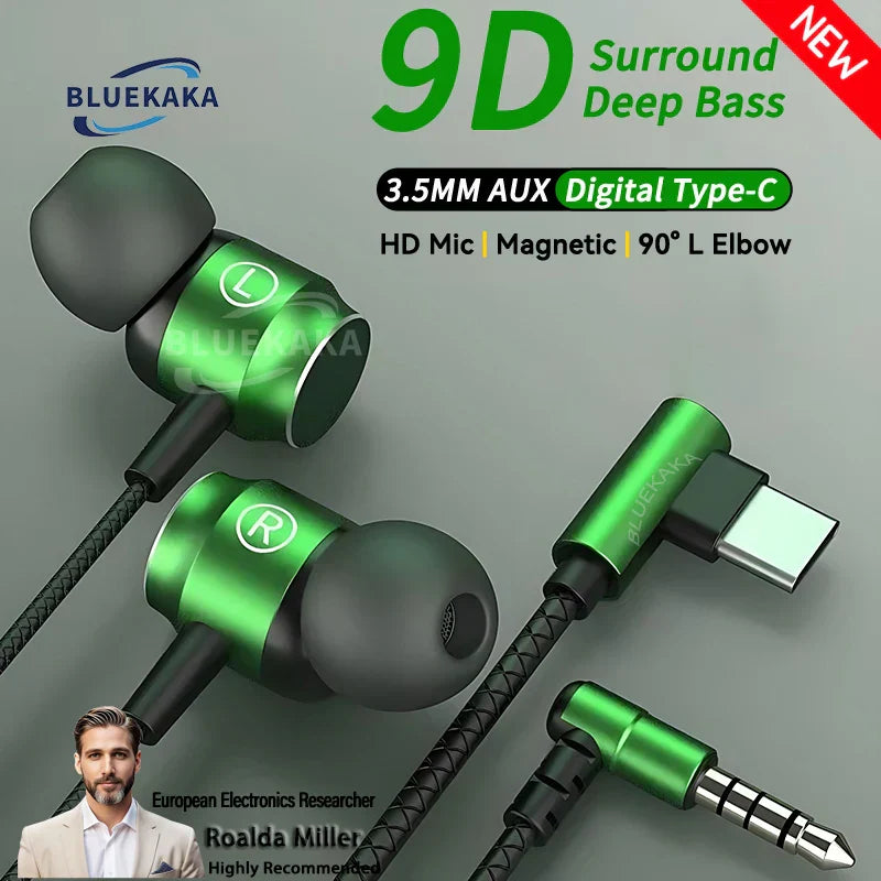 Green and black bluekaka 9d surround deep bass earphones with type-c connector digital chip magnetic music earbuds