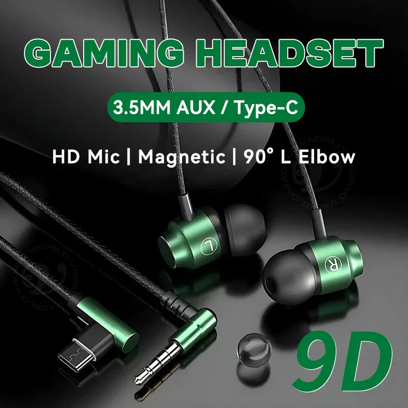 Green and black in-ear heavy bass gaming headset with digital chip magnetic design and 3.5mm aux type-c cable for samsung iphone