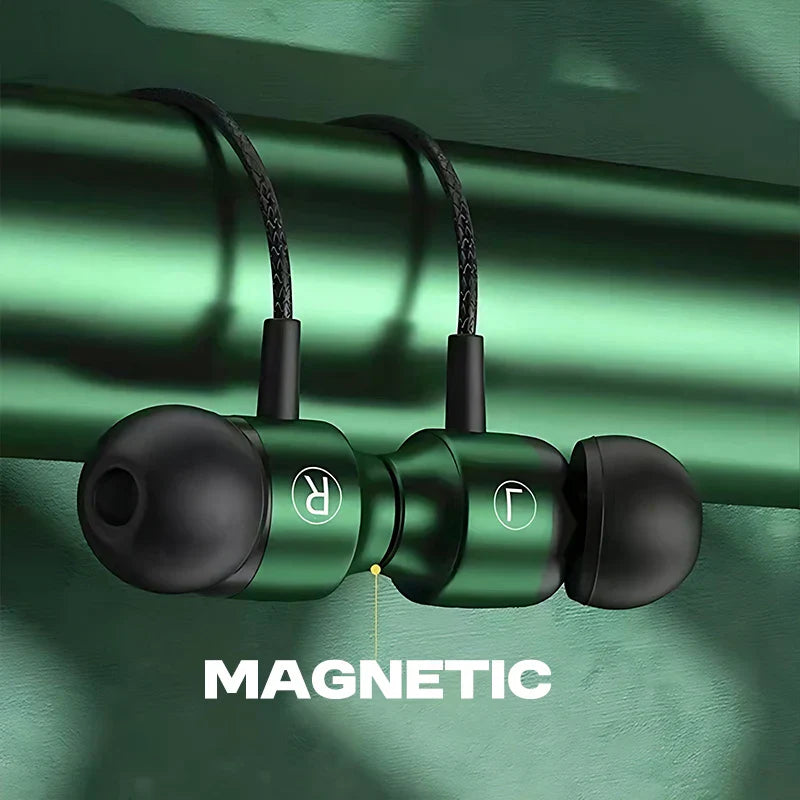 Green digital chip magnetic in-ear headphones with black tips braided cables for heavy bass gaming and music