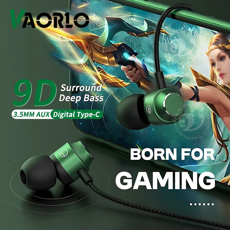 Green vaorlo heavy bass gaming earphones with black silicone tips braided cable and digital chip magnetic music earbuds