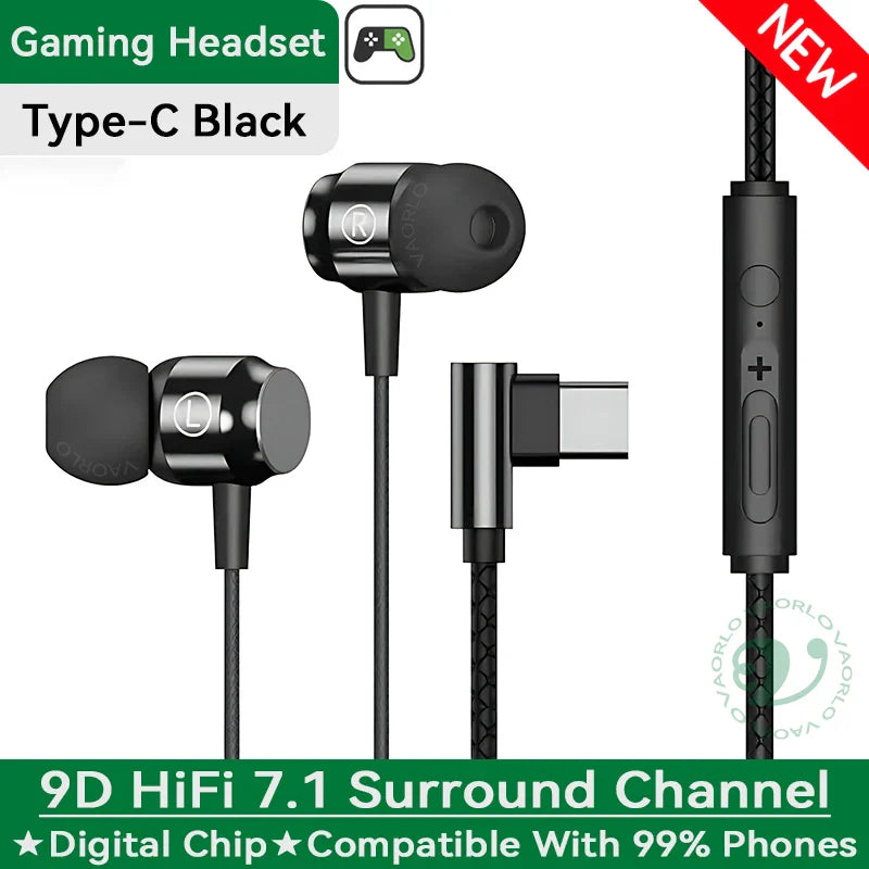 Black heavy bass gaming headset with type-c cable featuring 9d hifi surround sound and digital chip magnetic earbuds