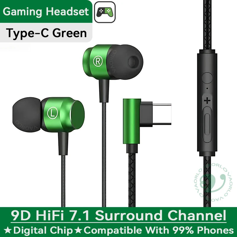 Green and black heavy bass gaming headset with digital chip magnetic music earbuds and type-c charging cable