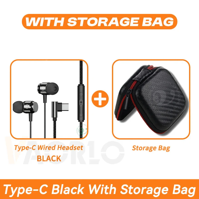Black type-c wired earphones with digital chip magnetic heavy bass gaming earbuds and carbon-fiber storage bag for samsung and iphone