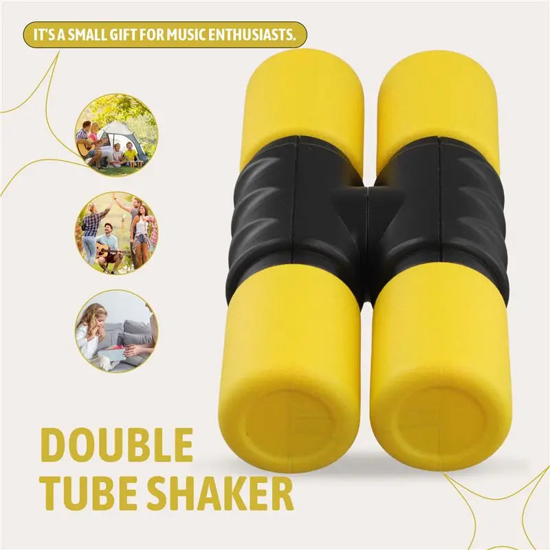 Bright yellow and black double tube shaker with textured grip for studio and band drummers featuring a 1px solid black design