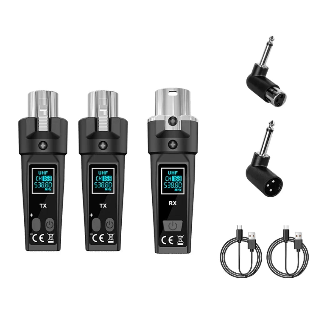 Black uhf wireless microphone transmitter receiver system with silver connectors and usb cables for seamless audio transmission and low total harmonic distortion