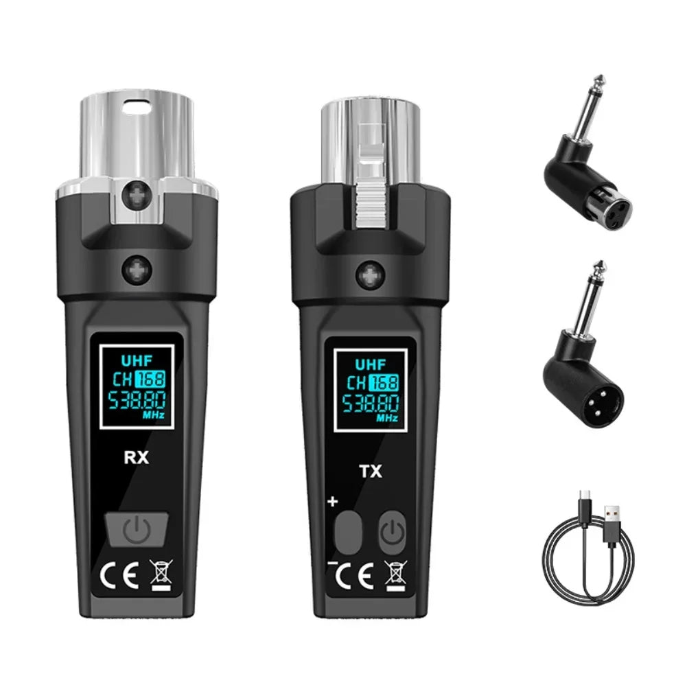 Black uhf wireless microphone transmitter receiver system with silver connectors digital displays seamless audio transmission