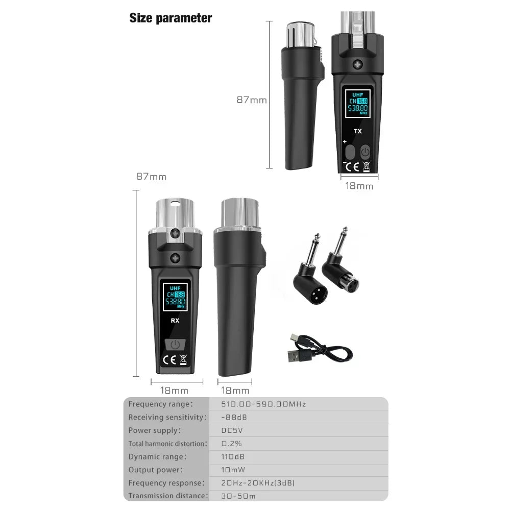 Black uhf wireless microphone transmitter receiver set with silver connectors and adapter cables for seamless audio transmission and low total harmonic distortion