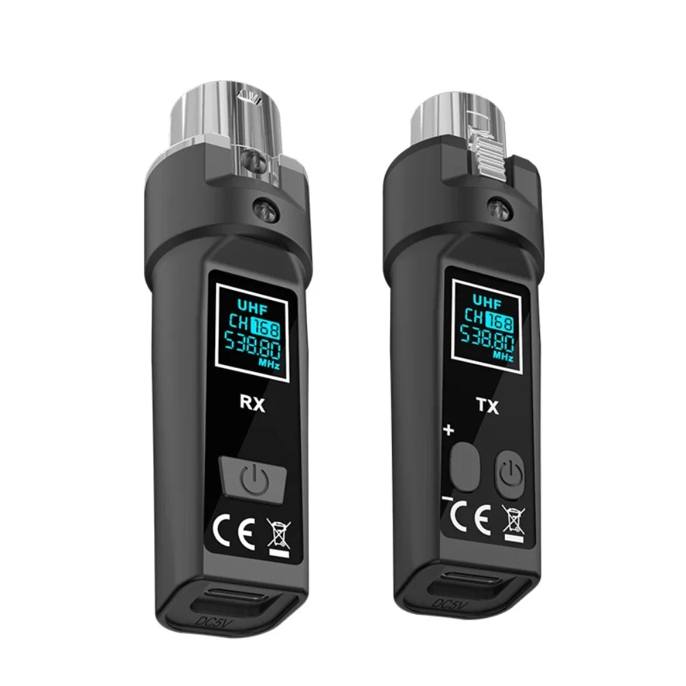 Black uhf wireless microphone transmitter receiver system with digital displays and metallic xlr connector for seamless audio transmission and low total harmonic distortion