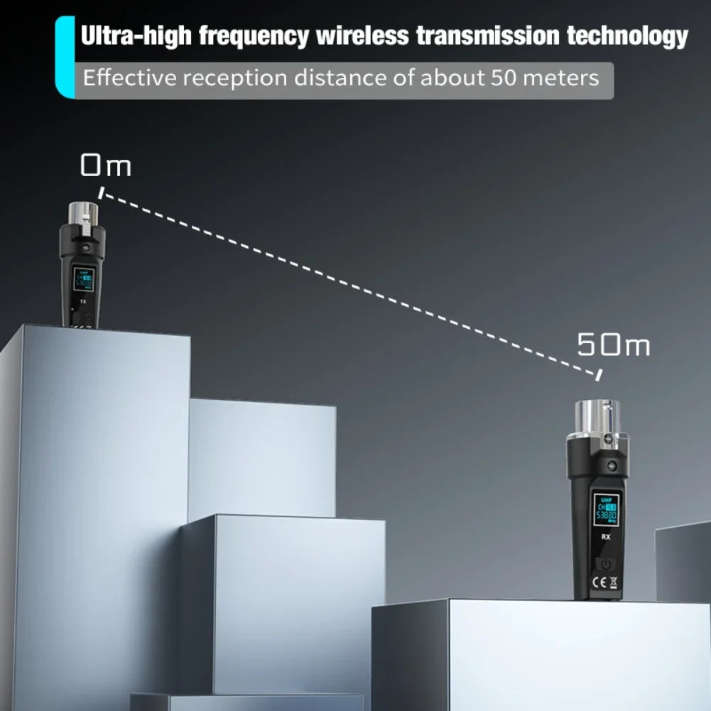 Black uhf wireless microphone transmitter and receiver with digital displays on tiered platforms showing seamless audio transmission and 50m range