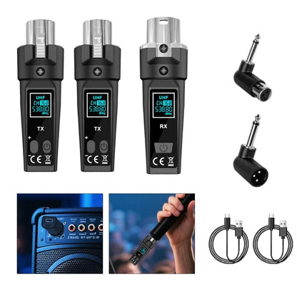 Set of three black uhf wireless microphone transmitters with digital displays and adapters for seamless audio transmission