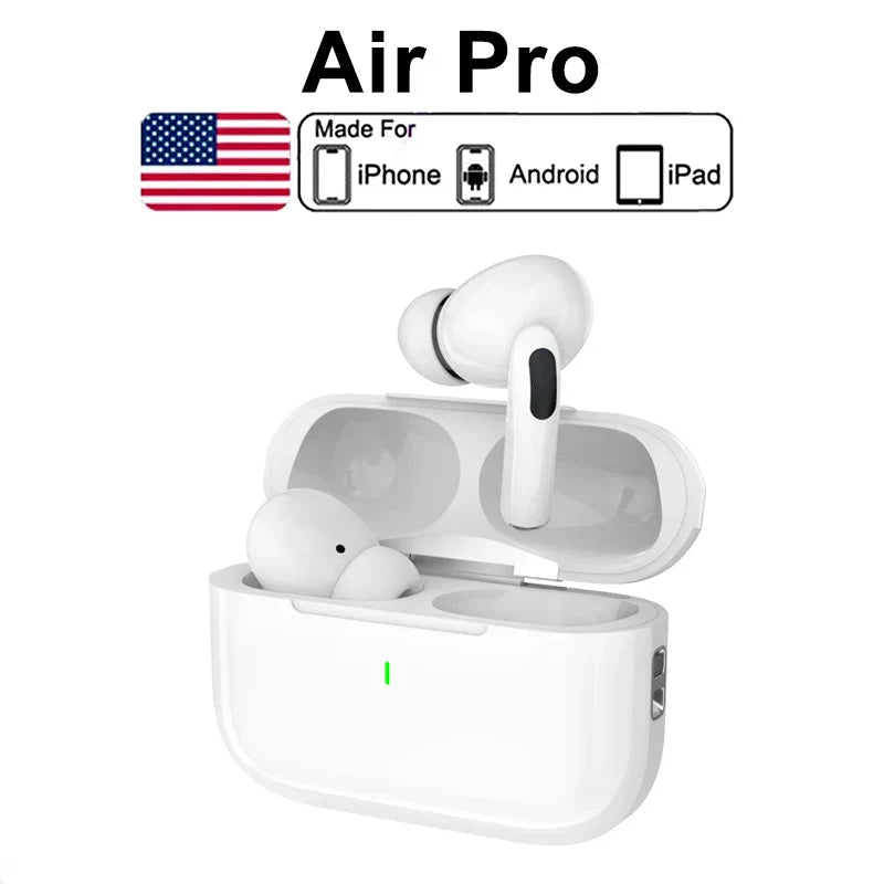 White airs pro tws wireless earbuds with ergonomic fit and noise cancelling in glossy charging case with green light