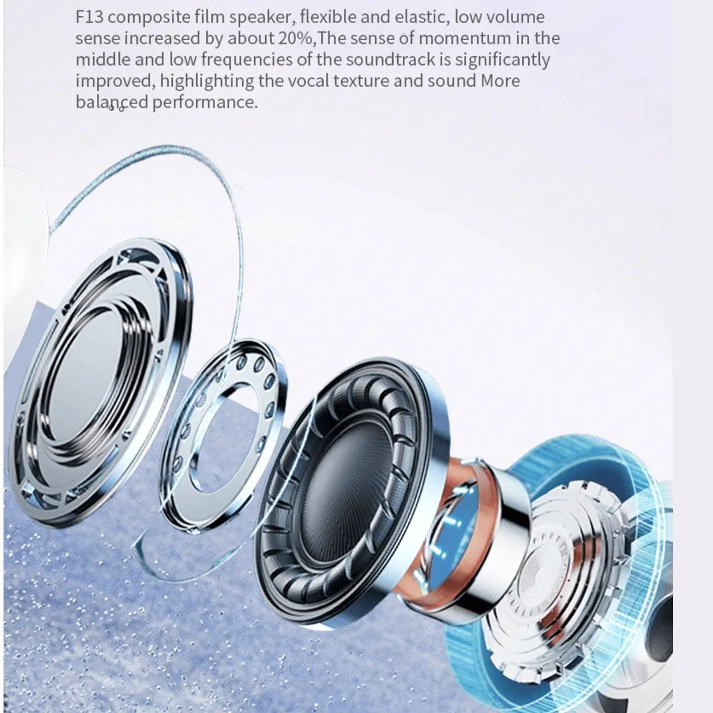 F13 composite film speaker in airs pro tws earphones with sleek metallic finish, noise cancelling and ergonomic fit features