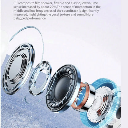 F13 composite film speaker in airs pro tws earphones with sleek metallic finish, noise cancelling and ergonomic fit features