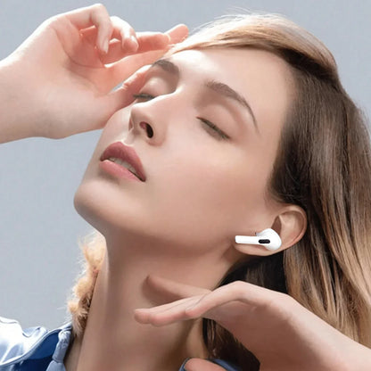 White airs pro tws wireless earbud with ergonomic fit and noise cancelling featuring a sleek minimalist design and black accent