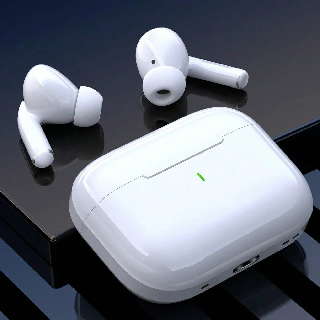 White airs pro tws wireless earbuds with glossy finish and ergonomic fit feature noise cancelling for music and gaming