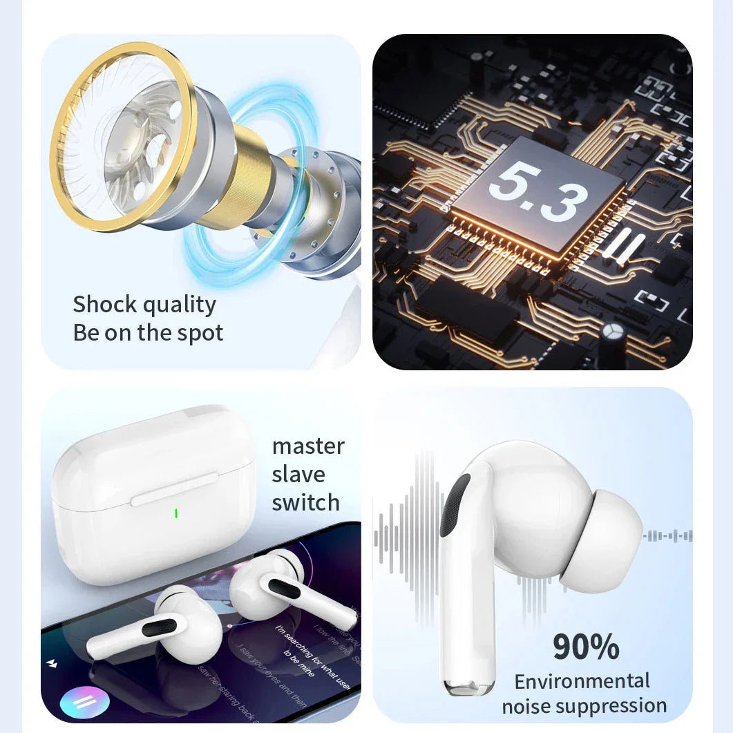 White airs pro tws bluetooth earphones with ergonomic fit and noise cancelling silver accents ideal for music and gaming