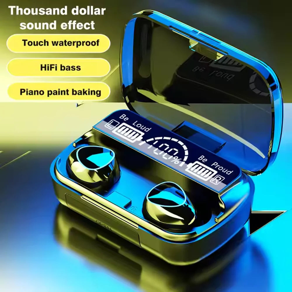 New arrival m10 earphone wireless headset high quality blue and gold earbuds in glossy charging case with digital display