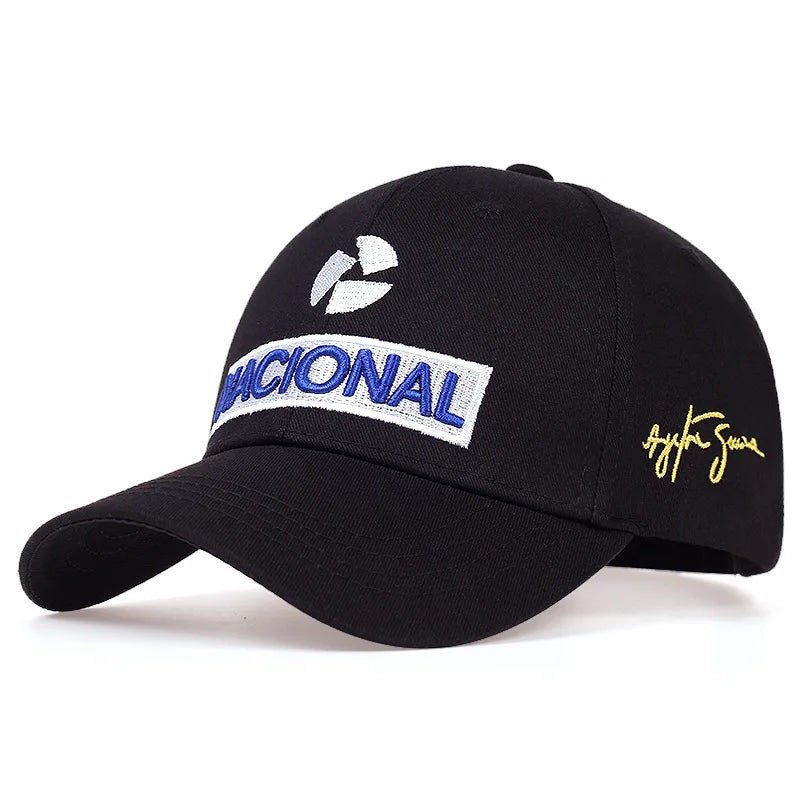 Black baseball cap with azul and white nacional embroidery logo and gold signature side detail for ayrton senna racer protection team baseball use