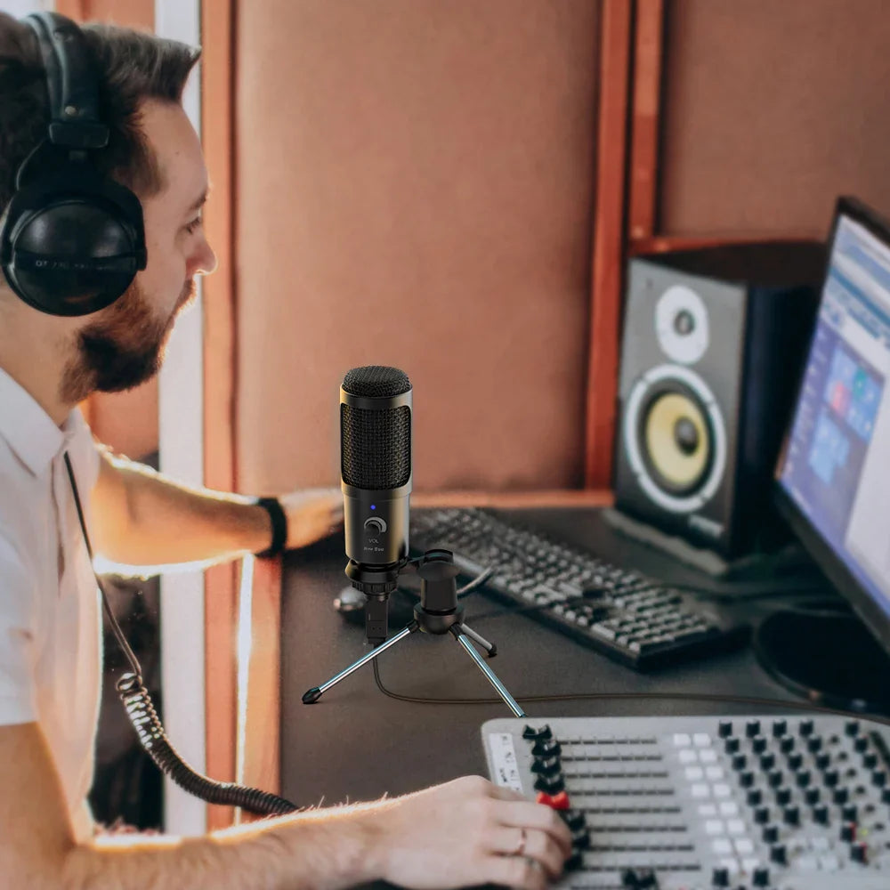 Black new bee usb microphone condenser with shock mount on tripod stand for recording vocals streaming and gaming