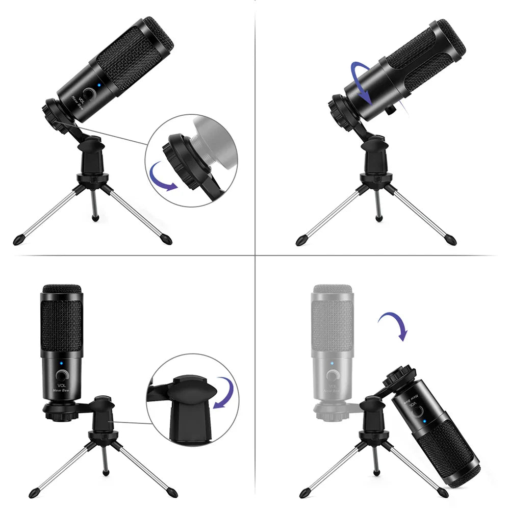 Black new bee usb microphone condenser with textured grille shock mount and volume control for recording vocals
