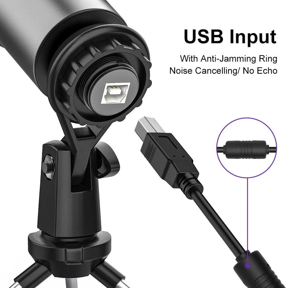Black new bee usb microphone with anti-jamming ring and shock mount on tripod stand for recording vocals and gaming