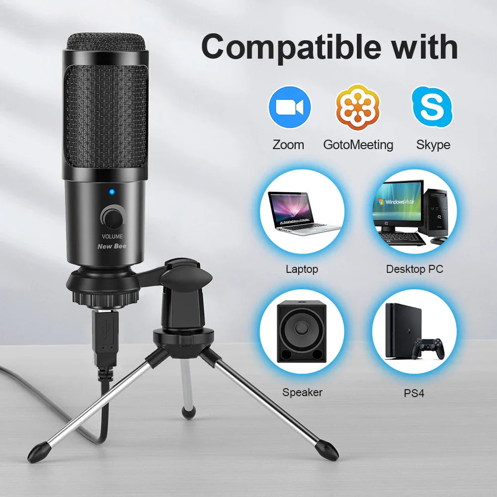 Black new bee usb microphone condenser with mesh grille and volume control knob on tripod stand for recording vocals with shock mount